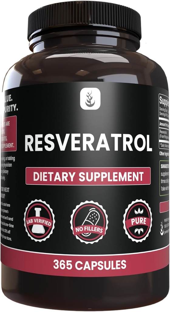 PURE ORIGINAL INGREDIENTES Resveratrol, (365 capsules) No hay magnesio o rifles de arroz, siempre puro, Lab Verified