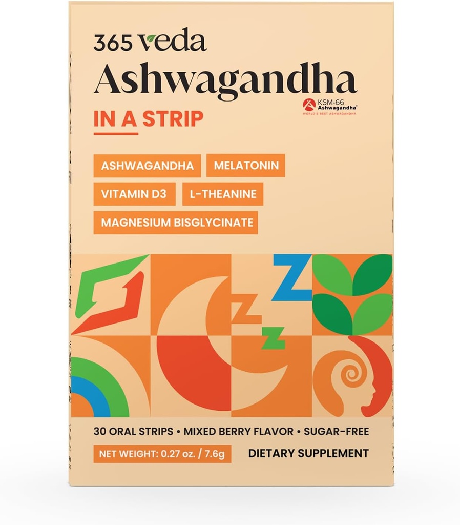 Ashwagandha Oral Strips 100 mg KSM 66 Ashwagandha, L-Theanine, Melatonina, Vitamina D3 y Magnesio, Vegan Strip for Men and Women, Sugar-Free, Non-GMO, 30 Oral Strips (Berry)
