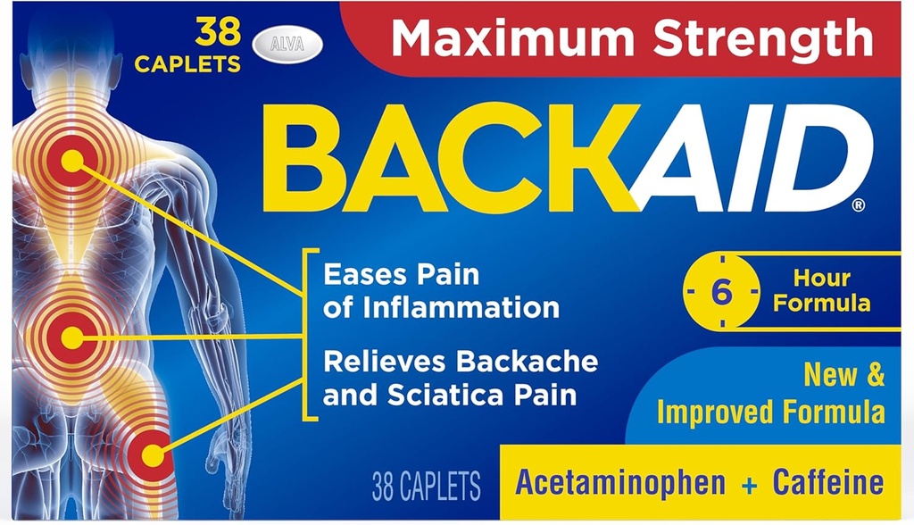 Backaid Maximum Strength Aspirin-Free Pain Relief from Backache, Sciatica and Leg Pain, Powerful Combination, Long-Lasting 6 Hour Formula, 38 Cuenta