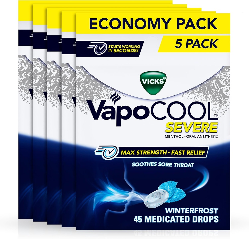 Vicks VapoCool Severe Sore Throat Drops, Max Strength Menthol, Soothes Sore Throat Pain, Winterfrost Flavor, 225ct (5 paquete de 45ct)