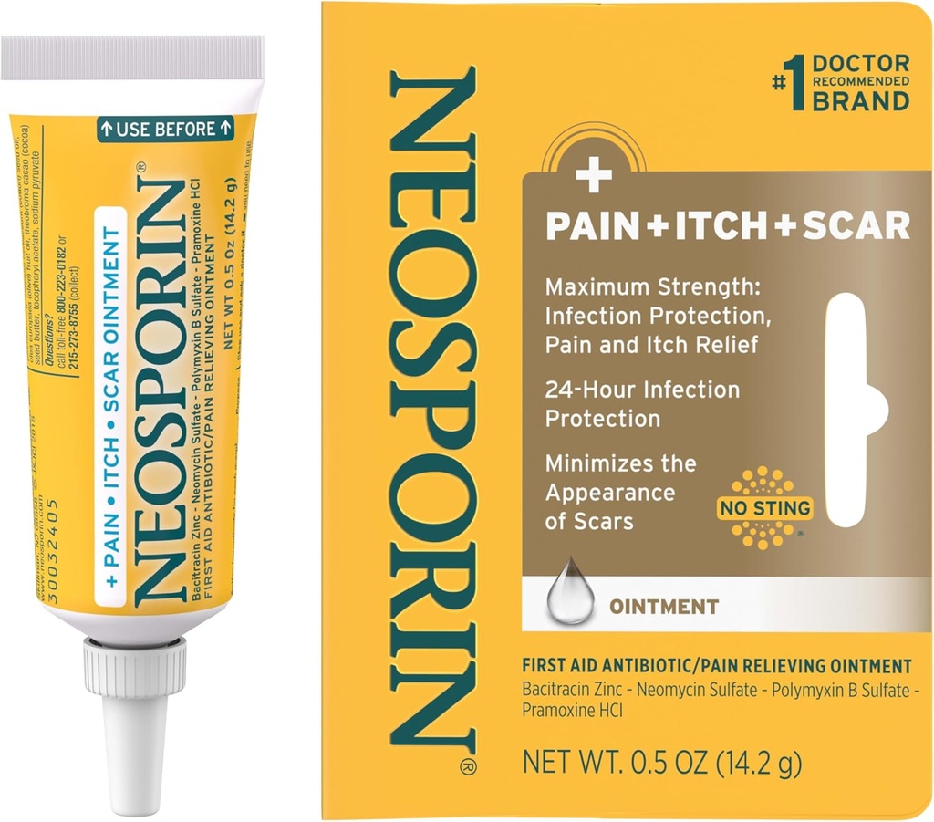 Neosporin Antibiotic Pain-Relieving, Anti-Itch, " Scar Appearance Minimizer Ointment with Neomycin " Bacitracin Zinc, 24-Hour Infection Protection for Minor Cuts, Scrapes & Burns,.5 oz