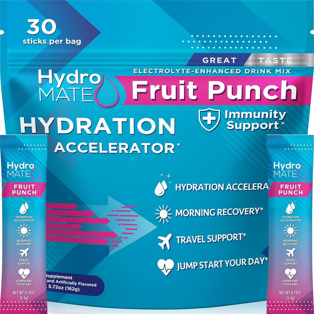 HydroMATE Electrolyte Powder Fruit Punch Hydration Packets Low Sugar 30 Cuenta
