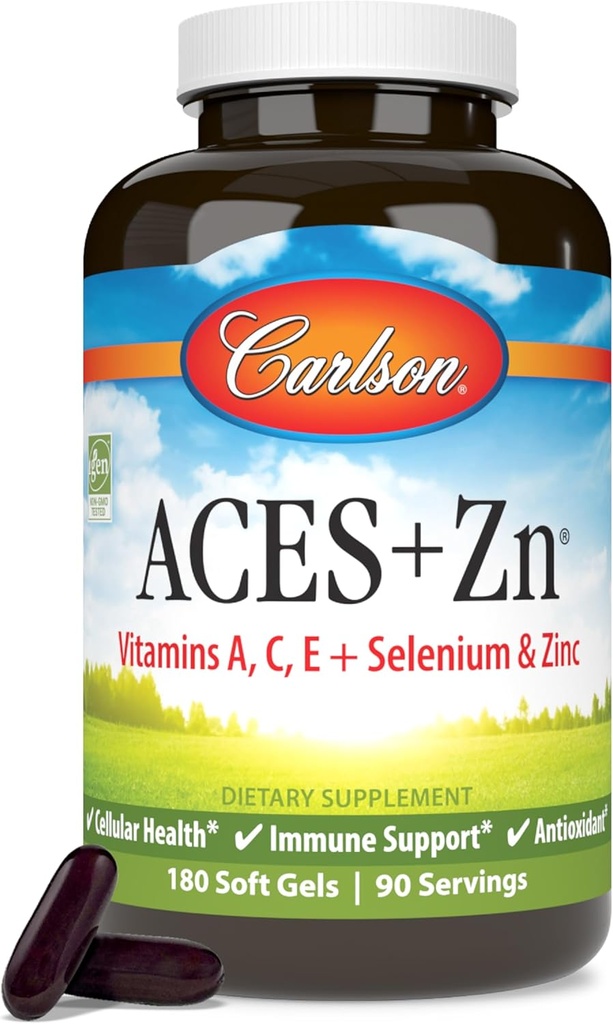 Carlson - ACES + Zn, Vitaminas A, C, E + Selenium " Zinc, Cellular Health " Immune Support, Antioxidant, 180 Softgels