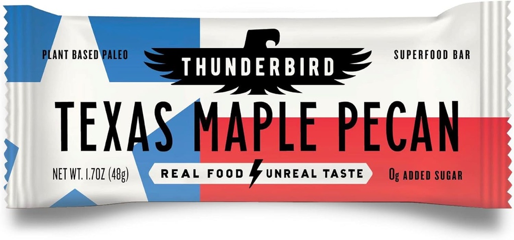 Thunderbird Bars Energy Snack, Gluten-Free with Protein, Healthy Real Food, Vegan Paleo Non-GMO, No Añadido Sugar, Texas Maple Pecan Flavor (12 Conde, 1.7 oz. Bares)