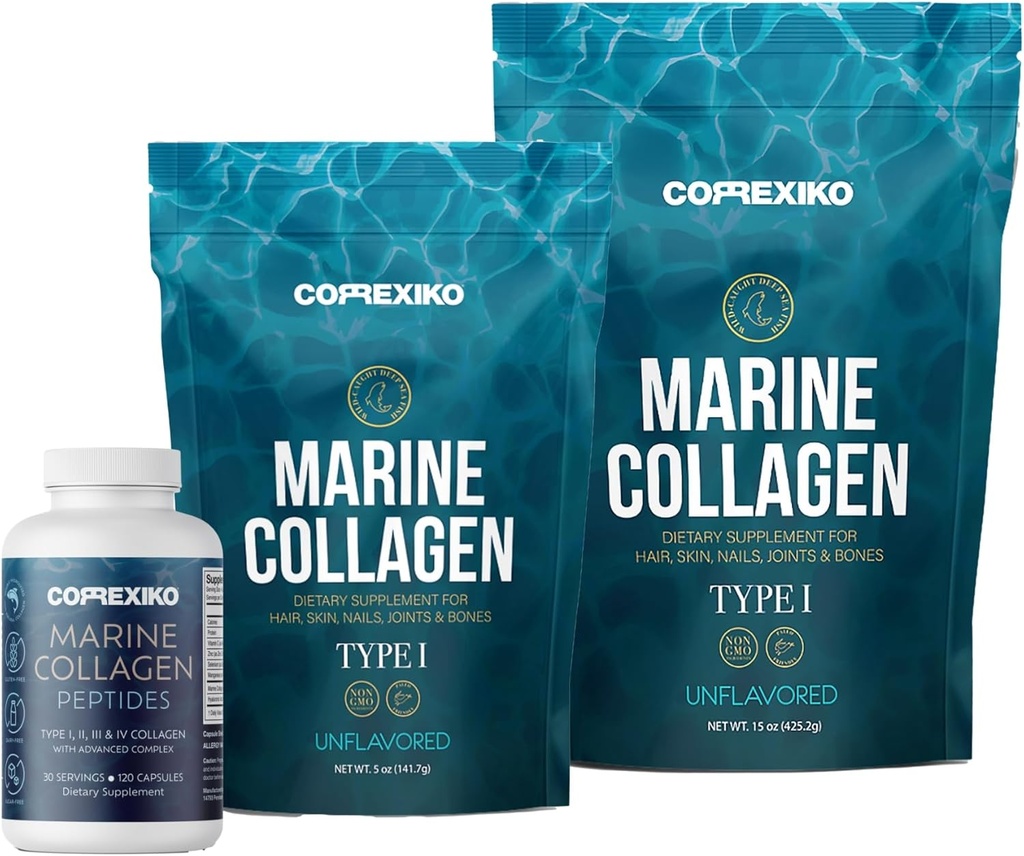 CORREXIKO Marine Collagen Supplement Pills & Powder Bundle - Incluye 10.000mg Double Hydrolyzed Collagen Powder 15 oz & 5oz y 1800mg Collagen Peptides 120 Capsules - para el cabello, piel y uñas