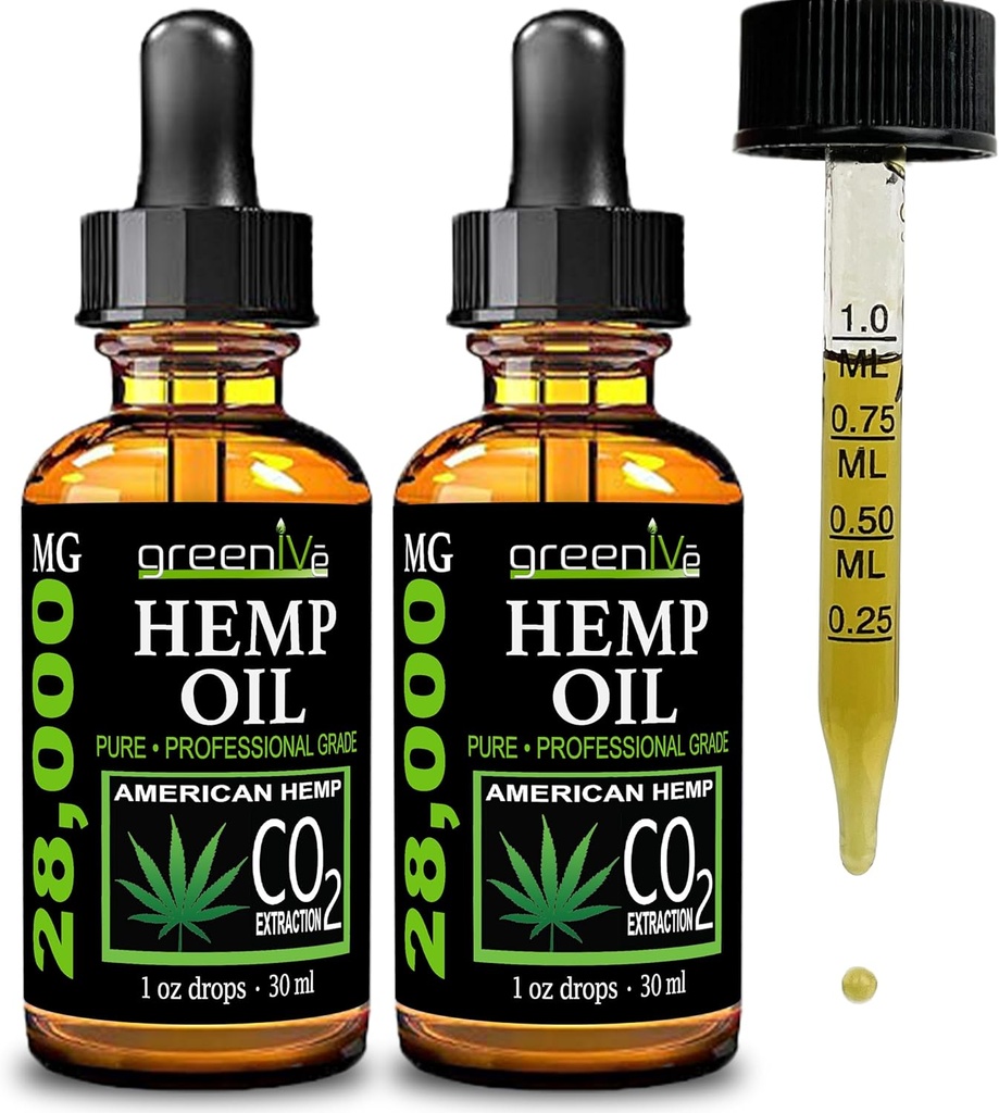 GreenIVe Hemp Drops 28,000mg Naturalmente Grown Hemp Oil Drops Vegan Omegas Natural Potent Results (2 Pack)