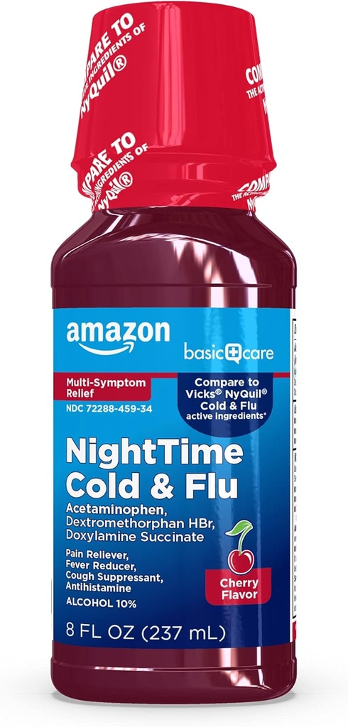 Cuidado Básico Noche Cold " Flu Relief Syrup, Dolor Reductor, Reductor de la fiebre, Supresor de tos, Antihistamínico, Cereza , 8 fl oz (Pack of 1)
