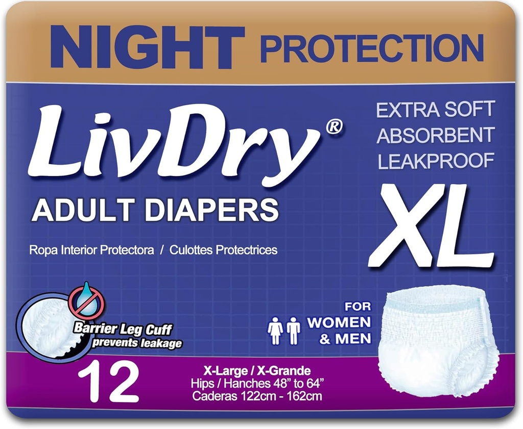 LivDry XL Durante la noche Adult Diapers for Women and Men, Incontinence Underwear, X-Large, 12-Pack
