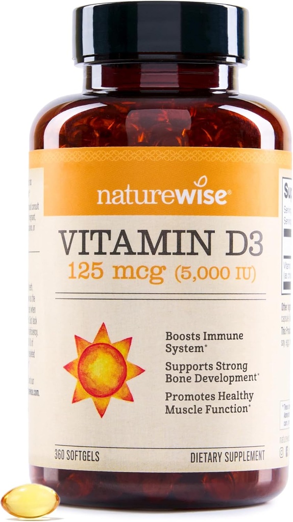 NatureWise Vitamina D3 5000iu (125 mcg) 1 año de suministro para soporte inmunitario, función muscular saludable y salud ósea - no transgénico, sin gluten en aceite de oliva virgen extra orgánico, (Mini Softgel), 360 Conde