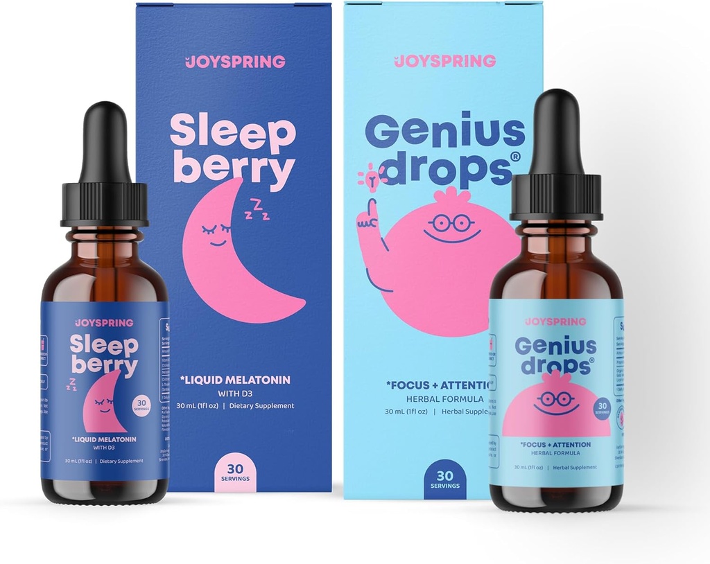 JoySpring Genius Drops Suplemento cerebral y SleepBerry Melatonin para niños Apoyo al sueño