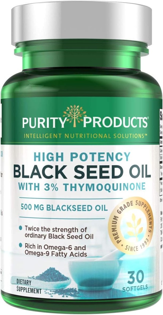 Purity Products High Potency Black Seed Oil - Double Strength + Cold Pressed - 3% Thymoquinone - 500 mg Black Cumin Seed Oil - Omega 6 + 9 Essential Fatty Acids - Easy to Swallow - 30 Mini Softgels