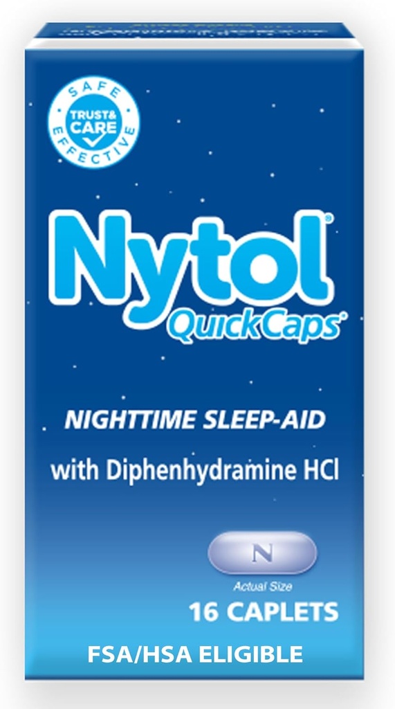 Nytol Quick Caps Nighttime Sleep Aid, te ayuda a caer rápido, 16 cápsulas