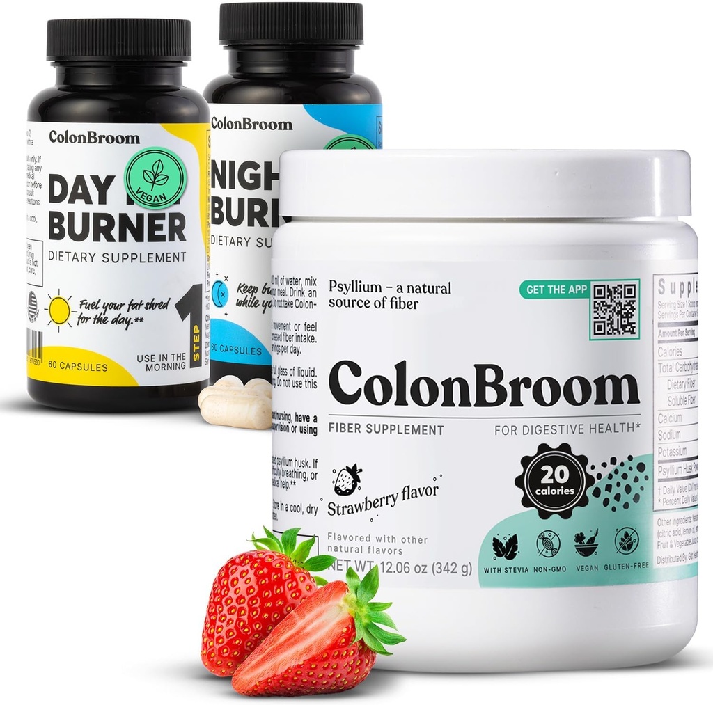 ColonBroom Psyllium Husk Powder, Colon Broom Colon Cleanser Fiber Supplement for Bloating Relief & Gut Health + Day & Night Burner Supplements, Weight Management Pills (60 Servings), 3 Items