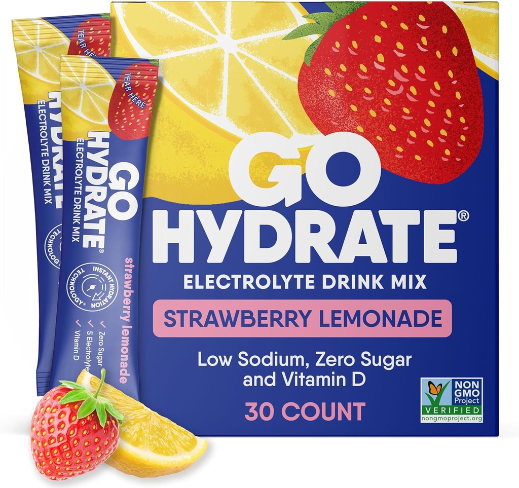 GoHydrate Low Sodium Electrolytes Powder Packets Sugar Gratis - Instant Hydration Daily Drink Mix - Zero Sugar Water Flavor Packet Singles with Vitamin D - (Strawberry Lemonade, 30 Packs)