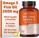 Omega 3 aceite de pescado 2000mg. Aceite de pescado Omega 3 Suplementos para apoyar la salud del corazón, las funciones cerebrales y el sistema cardiovascular - no Gluten-Free &amp; Keto-Friendly - 60 Servimientos, 120 Softgels