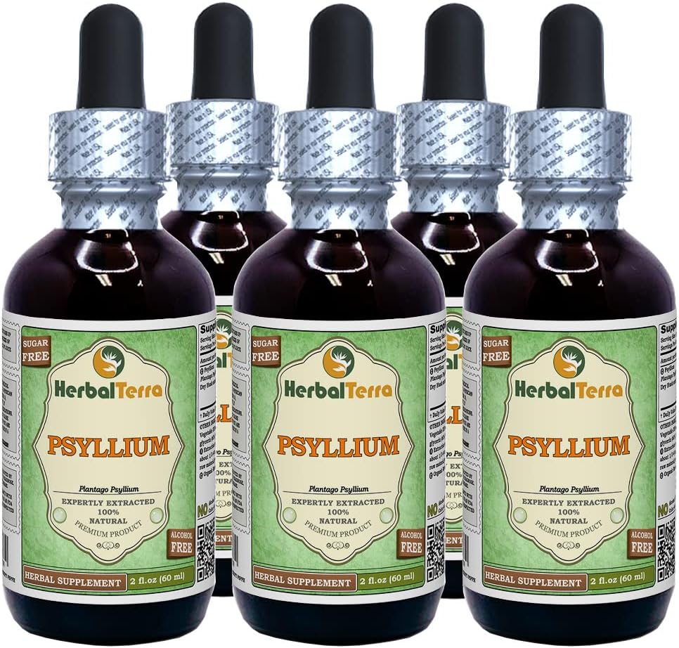 Psyllium (Plantago Ovata) Glycerite, Orgánica Husk Extracto líquido libre de alcohol (Marca: HerbalTerra, Proudly Made in USA) 5x2 fl.oz (5x60 ml)