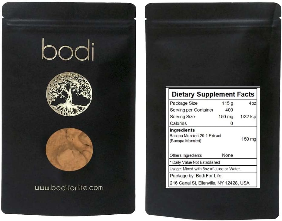 bodi : Bacopa Monnieri 20:1 Extracto Polvo Silencio 4oz a 5lb Silencio 100% Pura Mano Natural Artesanada (4 oz)