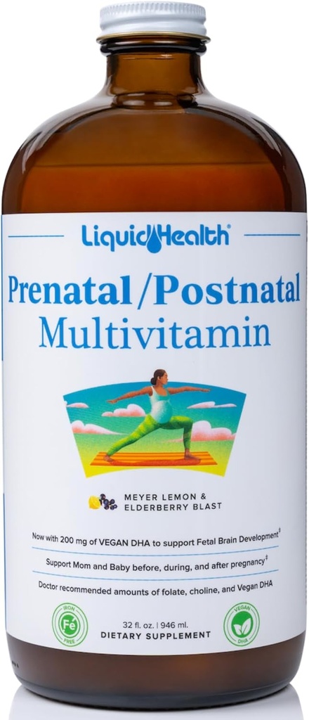LIQUIDHEALTH Prenatal/Postnatal Multiple Liquid Women's Multivitamin with Real Folate - Pre &amp; Postnatal Vitamins for Before, During, After Pregnancy - Made in USA, Vegan, Sugar-Free, Non-GMO (32 oz)
