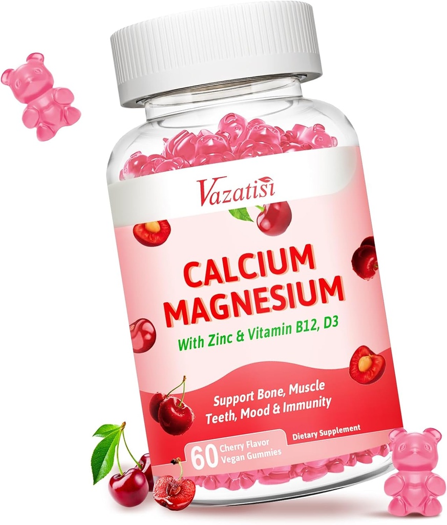 Calcio Magnesio Zinc Gummies, Calcio Magnesio 2:1 Ratio con Vitamina D3 &amp; B12 para el Muscle, Mood e Inmunity, 60 Gummies Vegan Cherry Flavor