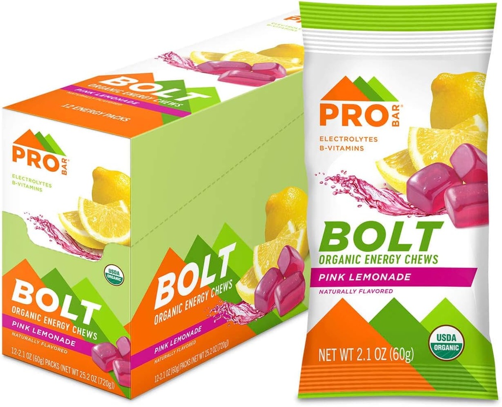 PROBAR - Bolt Organic Energy Chews, Pink Lemonade, Non-GMO, Gluten-Free, USDA Certified Organic, Healthy, Natural Energy, Fast Fuel Gummies with Vitamins B &amp; C (12 Count)