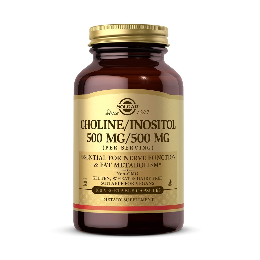 Solgar Choline/Inositol 500 mg/500 mg, 100 cápsulas vegetales - Metabolismo energético, salud del hígado, esencial para la función del cerebro " Nerve - No GMO, Vegan, Gluten Free, Dairy Free, Kosher - 50 Servings