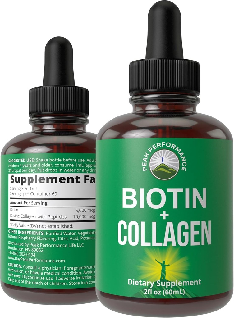 Collagen líquido para mujeres y hombres con biotina. Caídas orales avanzadas 2 en-1 para el crecimiento del cabello, la piel y las uñas. 10,000 mcg Bovine Collagen Peptides + 5,000 mcg Biotin. Gluten Free, Zero Sugar Suplementos