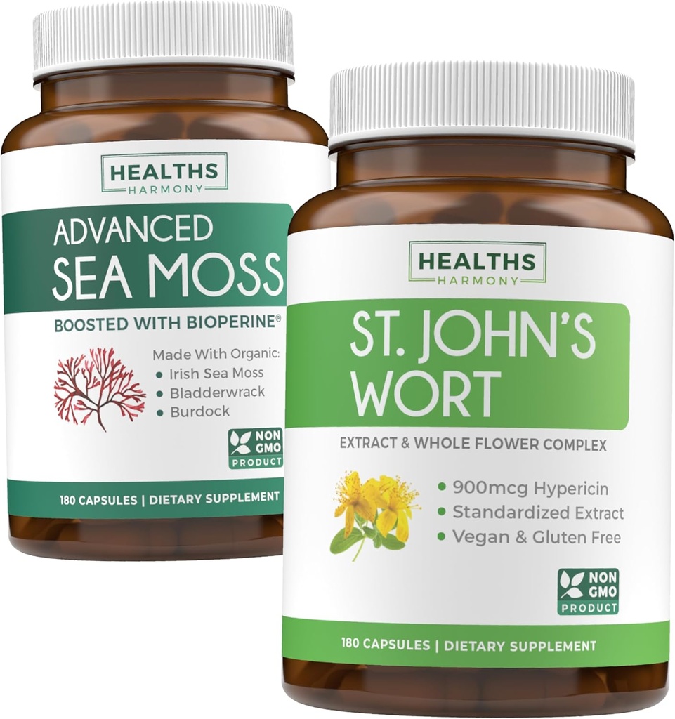 Sea Moss " St. John's Wort (2-Month Supply) Mood Moss Blend - Organic Irish Sea Moss - Raw Vegan Supplement (180 Caps) " St John's Wort with Powerful 900mcg Hypericin Vegan Non-GMO (180 cápsulas)