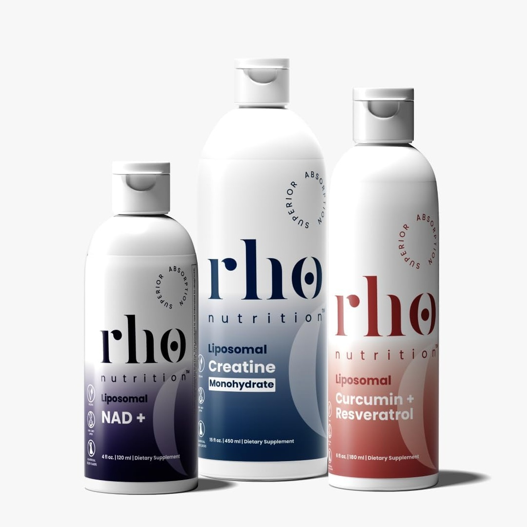 Rho Nutrition - Elite Performance Bundle – High Absorption Liposomal Supplements for Energy, Recovery, and Strength - NAD+, Curcumin + Resveratrol, & Creatine (3 Pack)