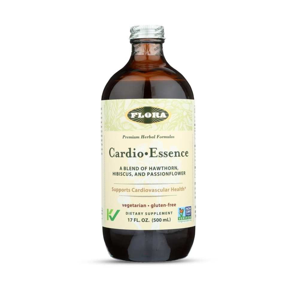 Flora - Cardio-Esencia, Espejo relajante de Hawthorn, Hibiscus ' Passionflower, Vegetarian, Gluten Free Daily Tonic, 17-fl. oz. Botella de vidrio