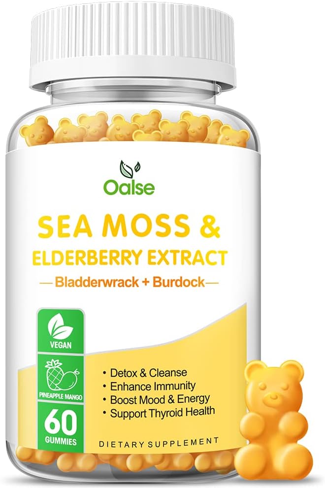 Mar Moss Gummies for Adults and Kids, 2000mg Raw Seamoss, Bladderwrack, Burdock Root, Elderberry, Pepper, Vitamina C &amp; D3, Zinc admite Immune System & Boost Energy (1-Pack)