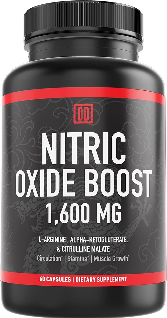 Nitric Oxide Booster Supplement, 1600mg Extra Strength L-Arginine, Citrulline Malate, and Alpha-Ketoglutarate (60 Count, 1 Bottle)