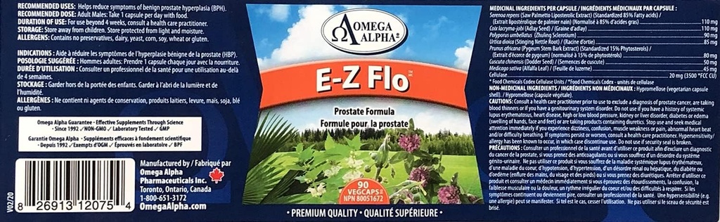 Omega Alpha E-Z FloTM (Saw Palmetto Seeds Extract)-Prostate Formula-90Veg Capsules