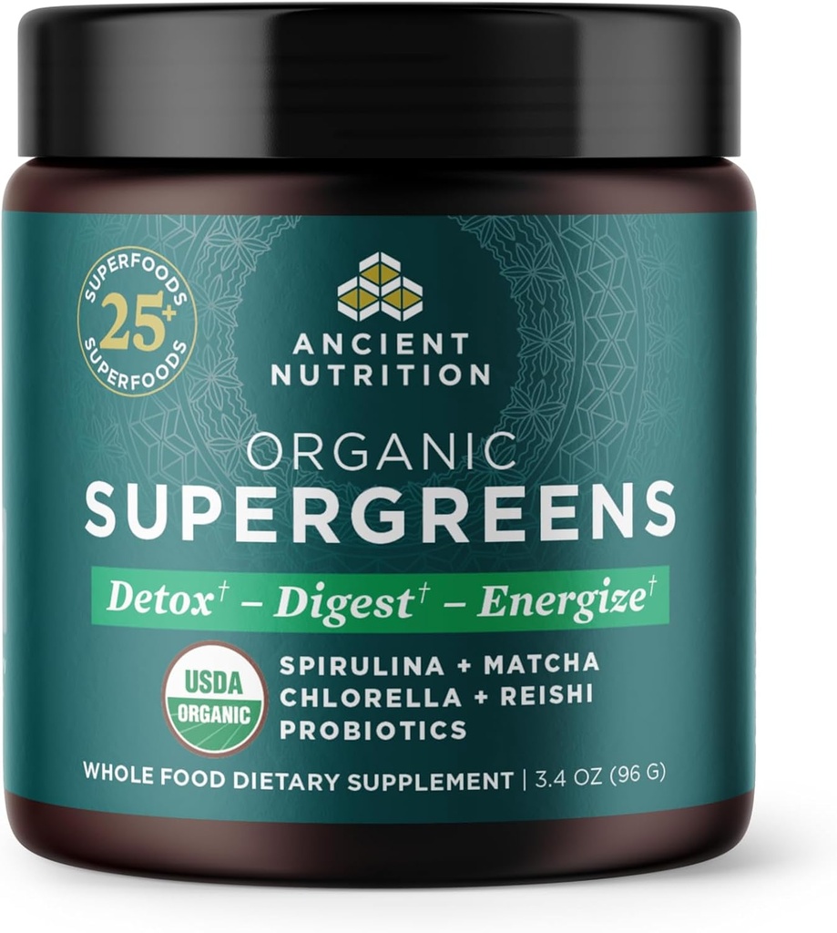 Nutrición antigua Polvo orgánico SuperGreens con Probióticos, Verdes Ecológicos Sabor Verdes, Hecho de Frutas Reales, Verduras y Herbs, Apoyo Digestivo y Energético, 12 Servimientos, 3.4oz