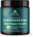 Nutrición antigua Polvo orgánico SuperGreens con Probióticos, Verdes Ecológicos Sabor Verdes, Hecho de Frutas Reales, Verduras y Herbs, Apoyo Digestivo y Energético, 12 Servimientos, 3.4oz