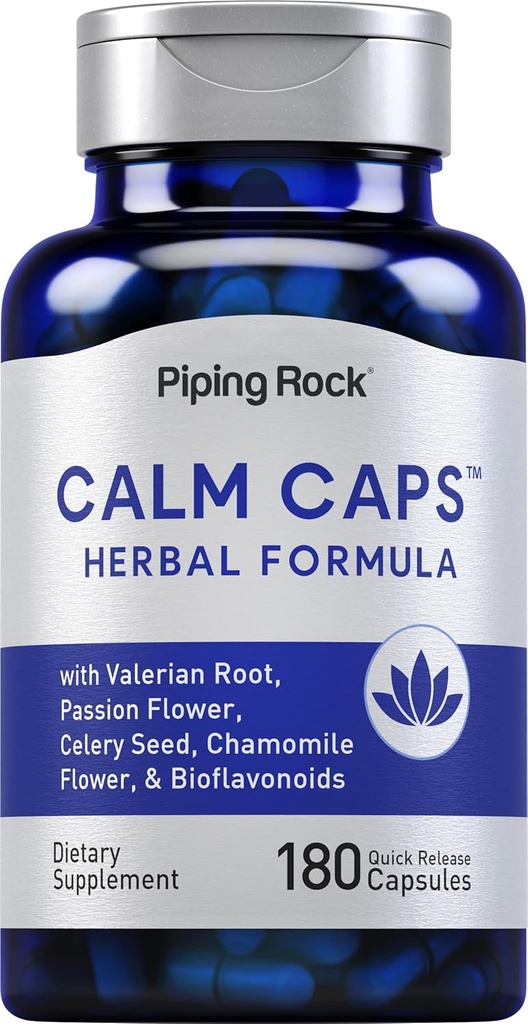 Piping Rock Calm Capsules Silenciosos 180 Pills Silencio Herbal Blend Silencioso con Chamomile, Valerian y la Pasión Flor Silencioso No GMO, Gluten Suplemento Gratis