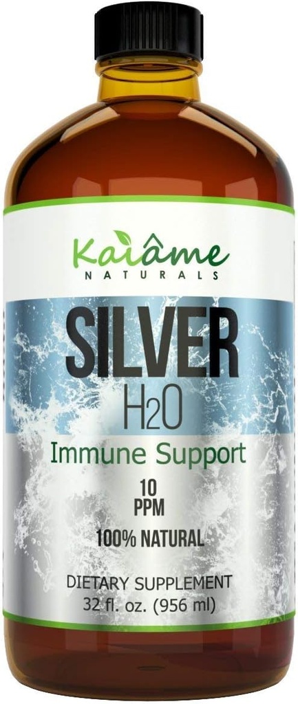 Kaiame Naturals Colloidal Silver, Ionic Silver Solution, 10 PPM, Gran botella de vidrio de 32 oz, Suplemento de soporte natural inmune, seguro para adultos, niños y mascotas