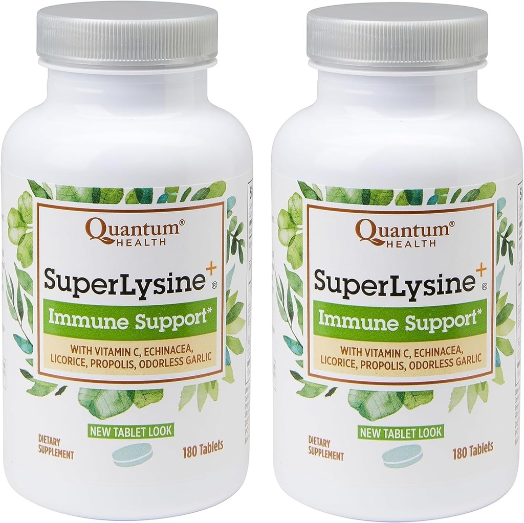 Quantum Health SuperLysine+ Advanced Formula Immune Support Suplemento Lysine 1500 mg, Vitamina C Echinacea Licorice Bee Propolis & Odorless Ajo - 180 Tabletas (Pack of 2)