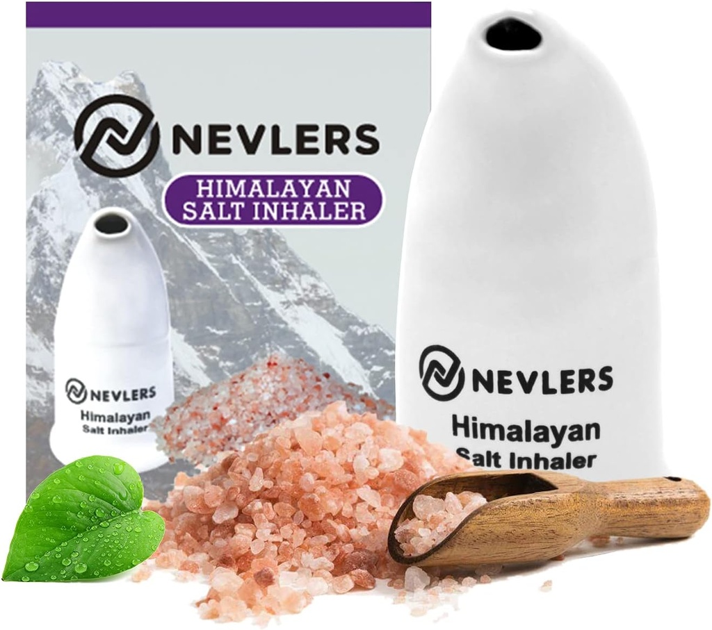 Nevlers White Himalayan Salt Inhaler for Lungs & Nose with 6 Oz Coarse Pink Himalayan Sea Salt ← Portable Ceramic Himalayan Pink Salt Inhaler ← Natural Homeopathic Relief
