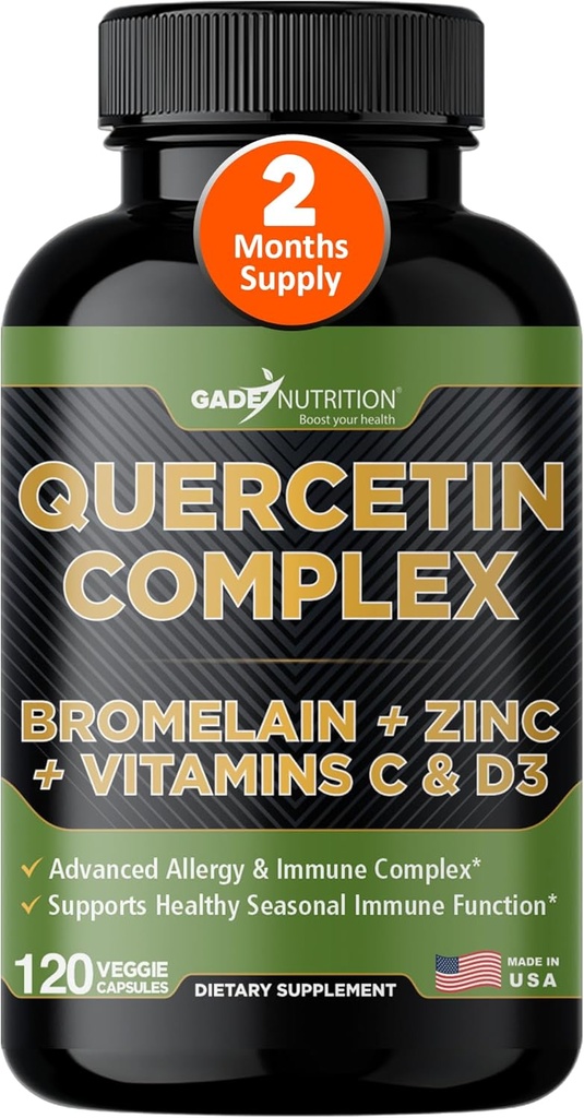 Nutrición Gade Quercetina Orgánica con Bromelaina Vitamina C y Zinc ← Immune Support Suplemento Quercetin 500mg Capsules ANTE Bioflavonoides Fabricado en USA