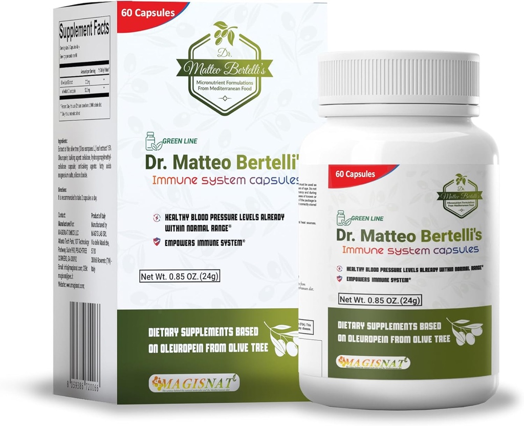 Dr. Matteo Bertelli's Immune System 60 Capsules, con Oleuropein, 30-Day Supply Immune Support Supplement for Healthy Immune System