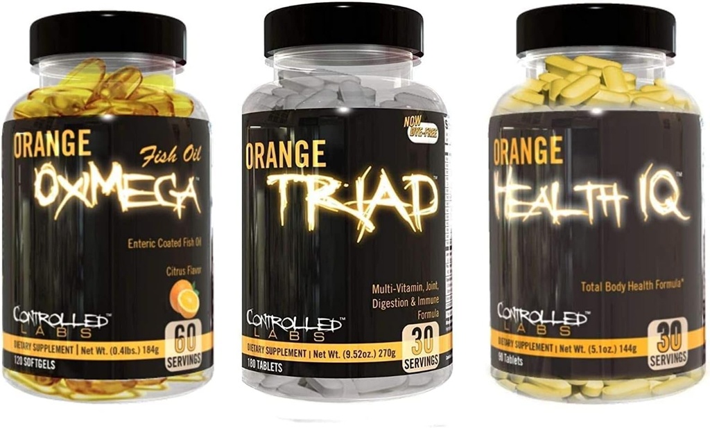 LABS CONTROLADO Aglomerado general de salud, 30 Actuaciones Naranja Triad, 90 Conde Orange Health IQ, 120 Conde Orange Oximega Fish Oil, Muscle Building and Recovery Suplemento para Hombres y Mujeres