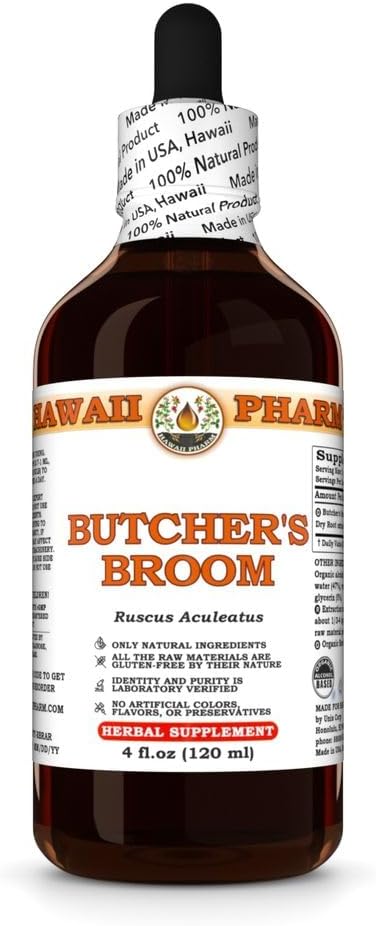 Hawaii Pharm Butcher's Broom Extract, Tincture for Circulatory Support, Promotes Comfort, Reduces Swelling, Eases Lightheadedness, Supports Balance & Stability - 4 fl.oz