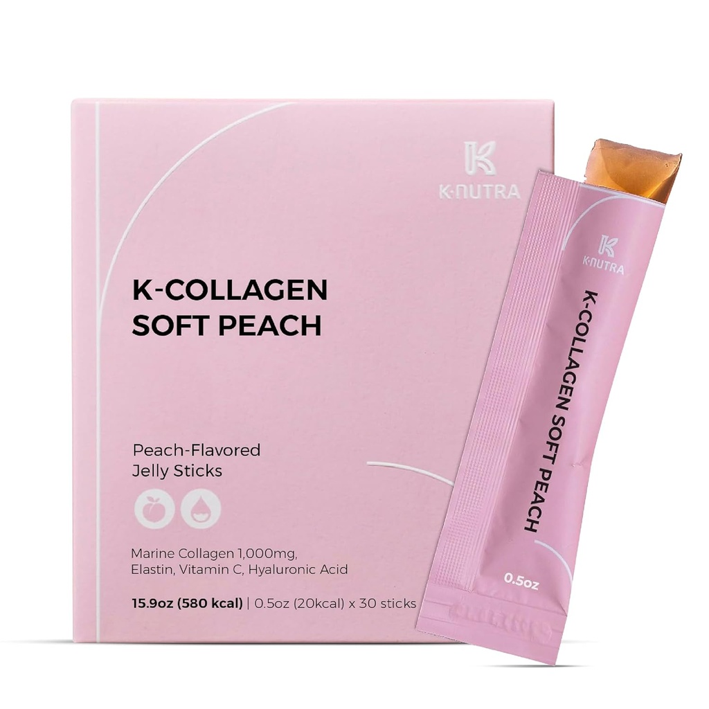 K-Nutra K-Collagen Soft Peach (15.9oz, 30 Sticks) - Regalos de vacaciones - Skin, Hair, Nail Health, Tasty Jelly, Fast Absorption. Collagen marino bajo molecular, vitamina C