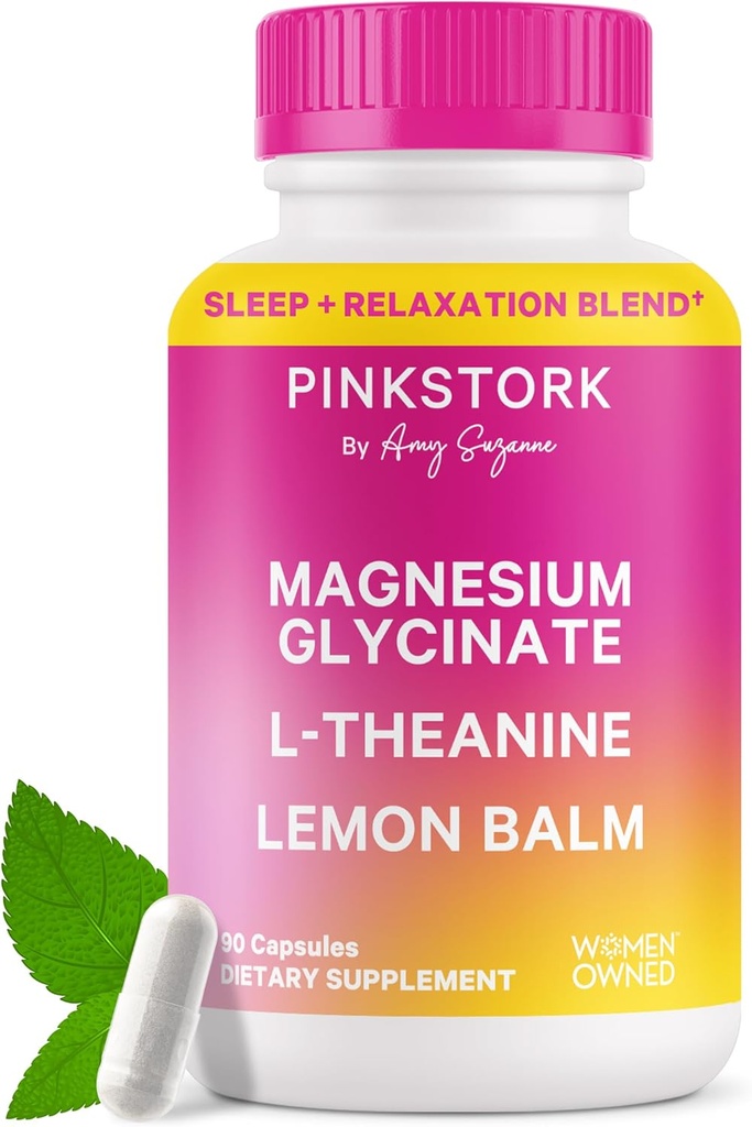 Pink Stork Magnesium Glycinate, L-Theanine, Lemon Balm - Magnesio libre de melatonina para el sueño - Calma natural y relajación - 90 cápsulas