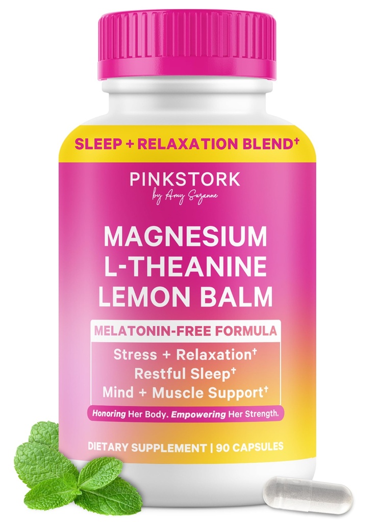Pink Stork Magnesium Glycinate, L-Theanine, Lemon Balm - Magnesio libre de melatonina para el sueño - Calma natural y relajación - 90 cápsulas