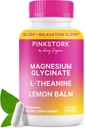 Pink Stork Magnesium Glycinate, L-Theanine, Lemon Balm - Magnesio libre de melatonina para el sueño - Calma natural y relajación - 90 cápsulas