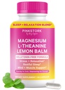 Pink Stork Magnesium Glycinate, L-Theanine, Lemon Balm - Magnesio libre de melatonina para el sueño - Calma natural y relajación - 90 cápsulas