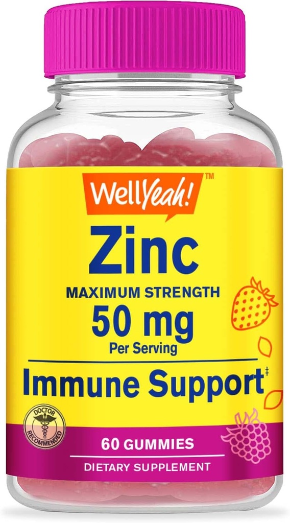 WellSí Zinc Gummies 50 mg - Supports Healthy Immune Function and Antioxidant Health - Natural Berry Flavor - Gluten-Free, GMO-Free - Chewable Gummy Dietary Supplement - 60 Gummies