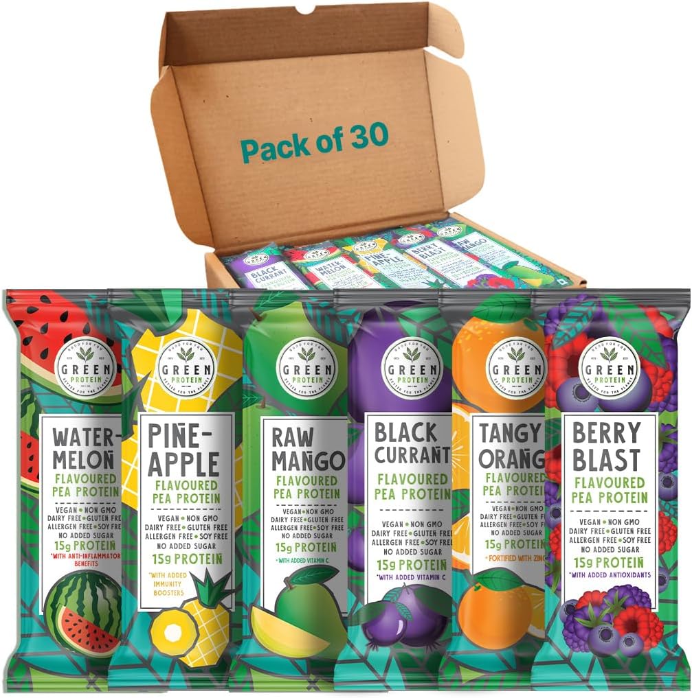 GreenProtein ¦ Vegan Plant Pea Protein Isolate Powder  durable Dairy, Gluten Allergen &amp; Soy Gratis, No Añadido Sugar ← Pineapple, Black Currant, Berry Blast, Watermelon, Raw Mango &amp; Orange