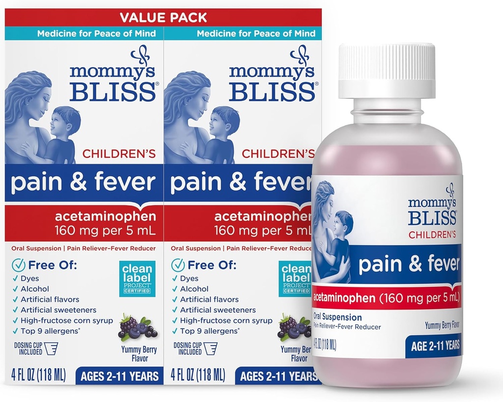 Mami's Bliss Children's Pain and Fever Reducer, Kids Acetaminophen, Dye Free, Delicious Mixed Berry Flavor, Ages 2+, 4 Fluid Ounces (Pack of 2)